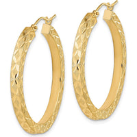 14K Yellow Gold Satin Diamond-Cut Large Hoop Earrings - Elegant Brushed Finish, 36mm Length by 0