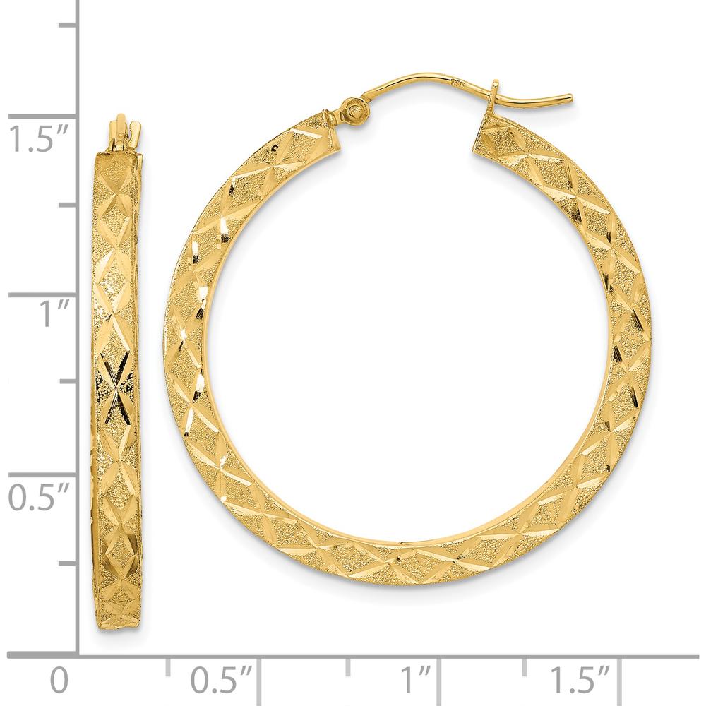 14K Yellow Gold Satin Diamond-Cut Large Hoop Earrings - Elegant Brushed Finish, 36mm Length by 0