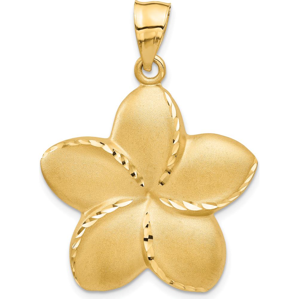 14K Yellow Gold Satin Diamond-Cut Large Plumeria Flower Pendant - 37mm Length by Oro Pregiato