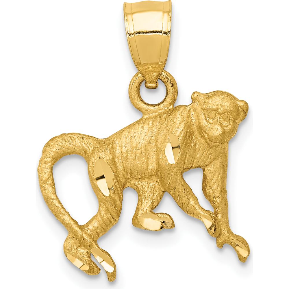14K Yellow Gold Satin Diamond-Cut Monkey Pendant - Solid 14K Gold Themed Charm by Oro Pregiato