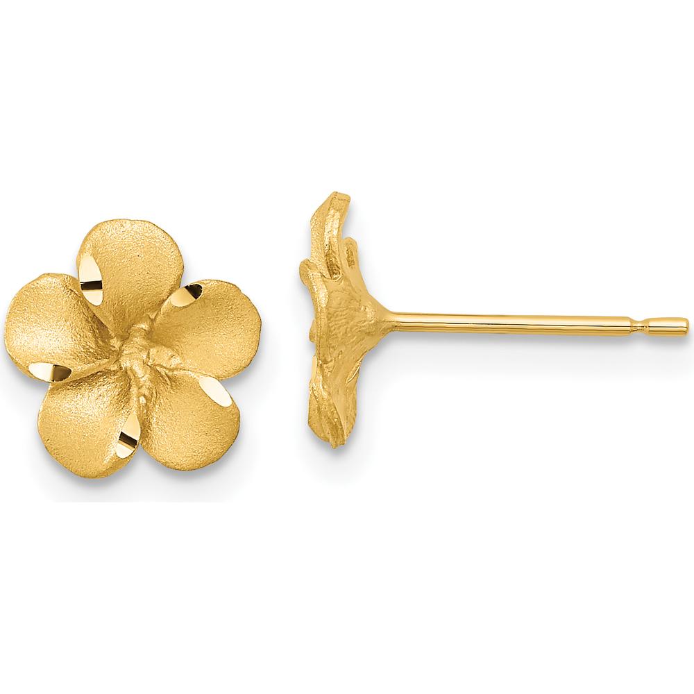14K Yellow Gold Satin Diamond-cut Plumeria Button Earrings by 0