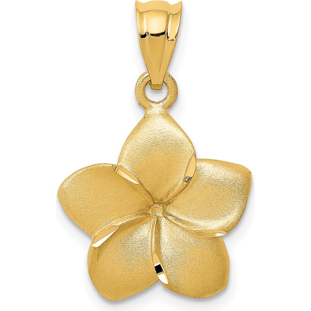 14K Yellow Gold Satin Diamond-cut Plumeria Floral Charm Pendant - 24mm Length by Oro Pregiato
