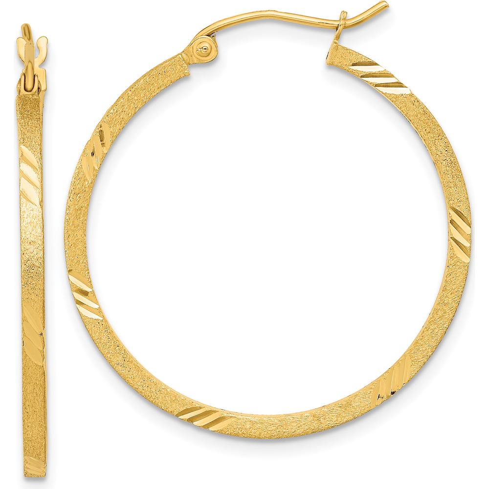 14K Yellow Gold Satin Diamond-Cut Square Tube Hoop Earrings - 31.55mm Length by 0