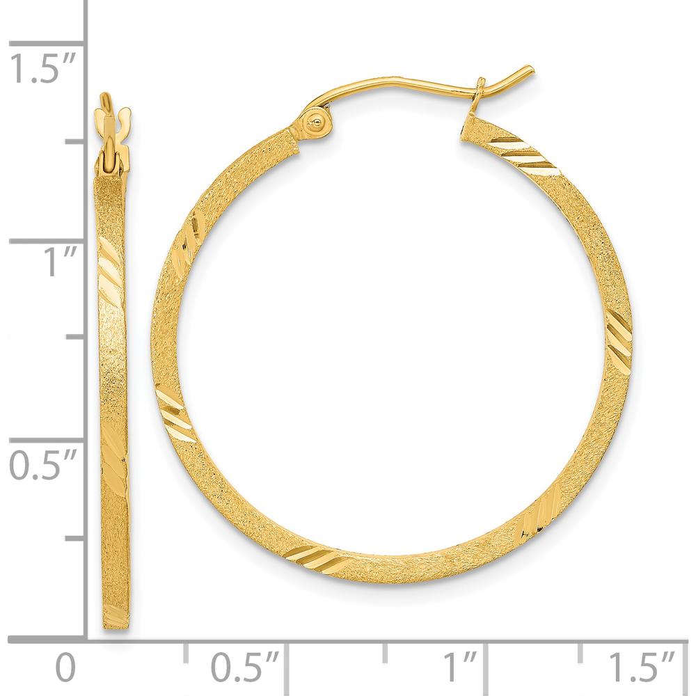 14K Yellow Gold Satin Diamond-Cut Square Tube Hoop Earrings - 31.55mm Length by 0