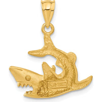 14K Yellow Gold Satin Diamond-Cut Swimming Shark Pendant - Bold Ocean-Inspired Design by Oro Pregiato