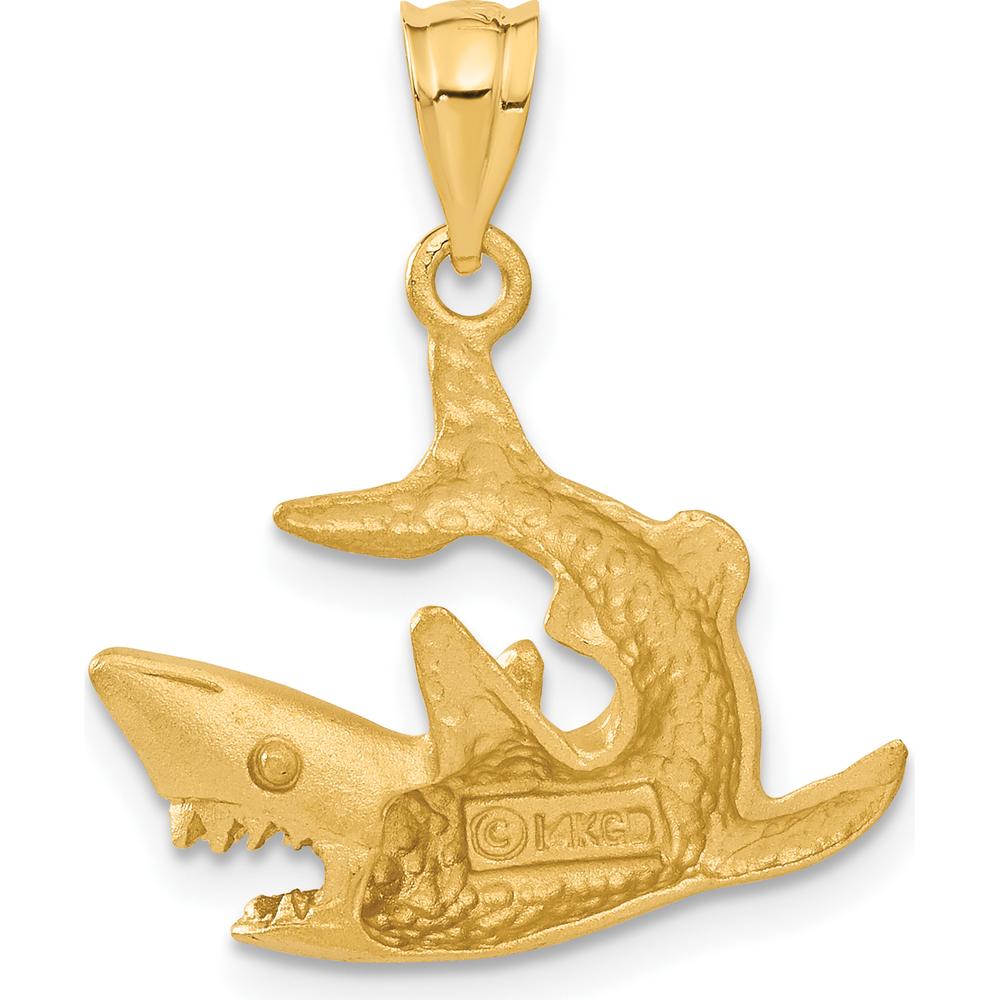 14K Yellow Gold Satin Diamond-Cut Swimming Shark Pendant - Bold Ocean-Inspired Design by Oro Pregiato