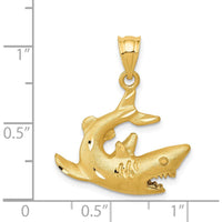 14K Yellow Gold Satin Diamond-Cut Swimming Shark Pendant - Bold Ocean-Inspired Design by Oro Pregiato