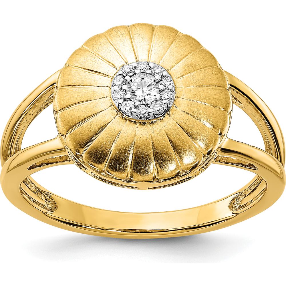 14K Yellow Gold Satin Diamond Flower Ring with Prong Set Round Diamonds - 0.05 Carat Total Diamond Weight by 0