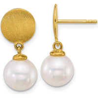 14K Yellow Gold Satin Finish 8-9mm White South Sea Cultured Pearl Dangle Earrings by Monteluci Fine Jewelry