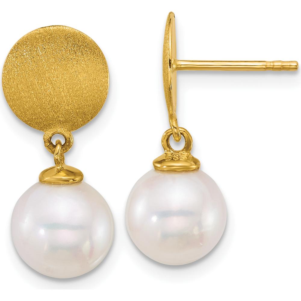 14K Yellow Gold Satin Finish 8-9mm White South Sea Cultured Pearl Dangle Earrings by Monteluci Fine Jewelry