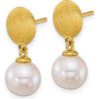 14K Yellow Gold Satin Finish 8-9mm White South Sea Cultured Pearl Dangle Earrings by Monteluci Fine Jewelry