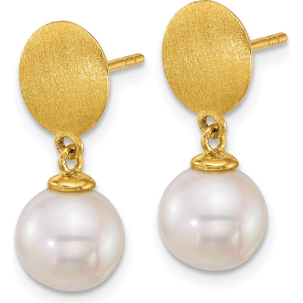 14K Yellow Gold Satin Finish 8-9mm White South Sea Cultured Pearl Dangle Earrings by Monteluci Fine Jewelry