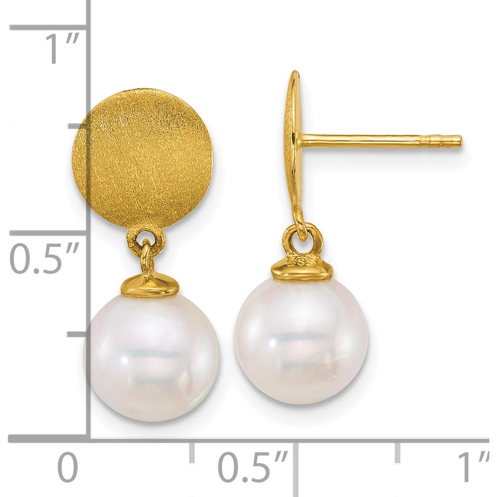 14K Yellow Gold Satin Finish 8-9mm White South Sea Cultured Pearl Dangle Earrings by Monteluci Fine Jewelry