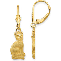 14K Yellow Gold Satin Finish Cat Dangle Leverback Earrings - Unique Whimsical Design by Oro Pregiato