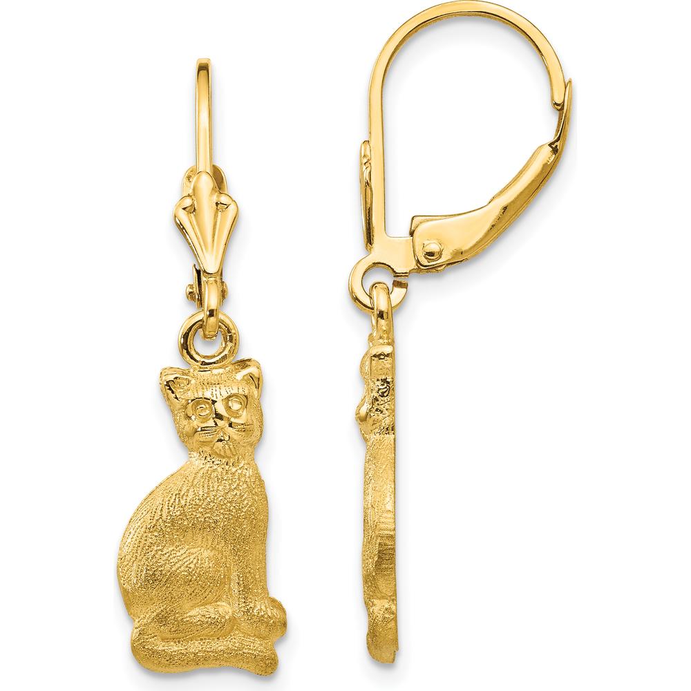 14K Yellow Gold Satin Finish Cat Dangle Leverback Earrings - Unique Whimsical Design by Oro Pregiato