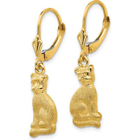 14K Yellow Gold Satin Finish Cat Dangle Leverback Earrings - Unique Whimsical Design by Oro Pregiato