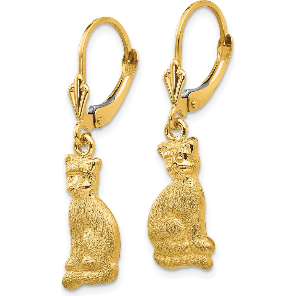 14K Yellow Gold Satin Finish Cat Dangle Leverback Earrings - Unique Whimsical Design by Oro Pregiato