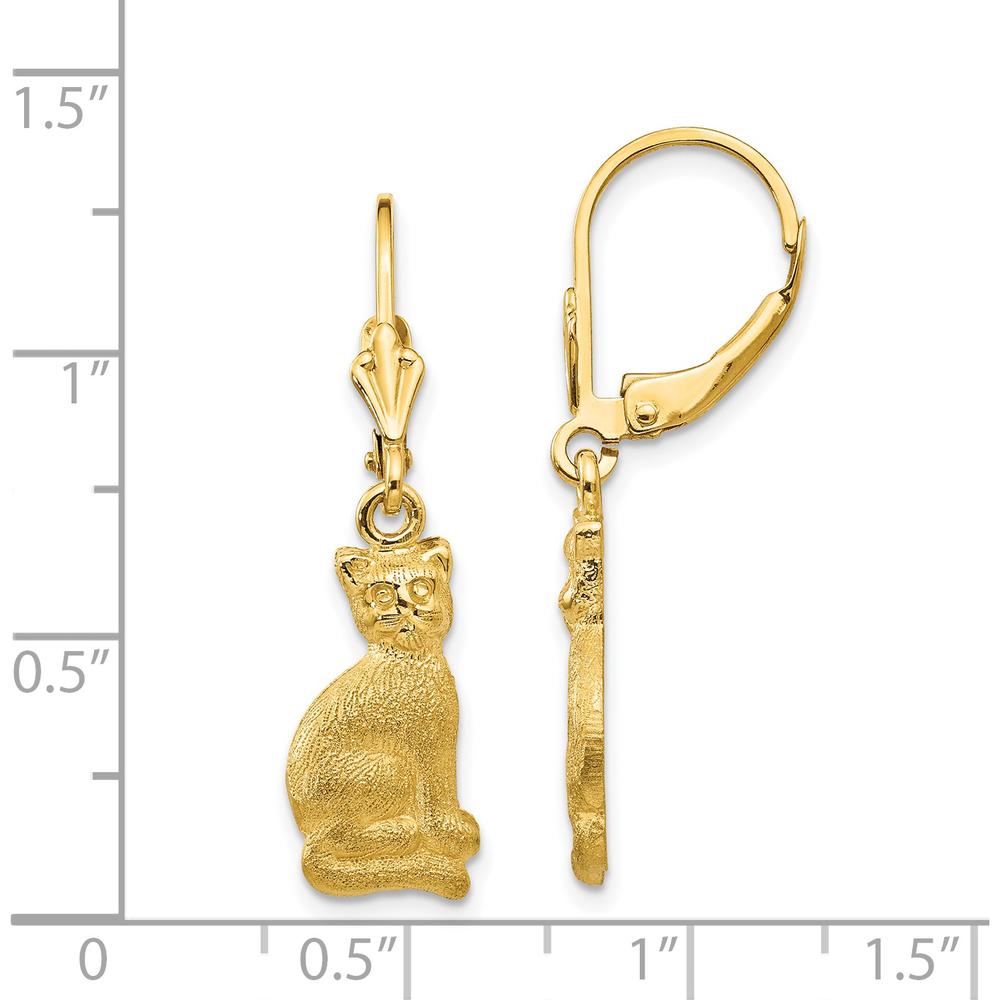 14K Yellow Gold Satin Finish Cat Dangle Leverback Earrings - Unique Whimsical Design by Oro Pregiato