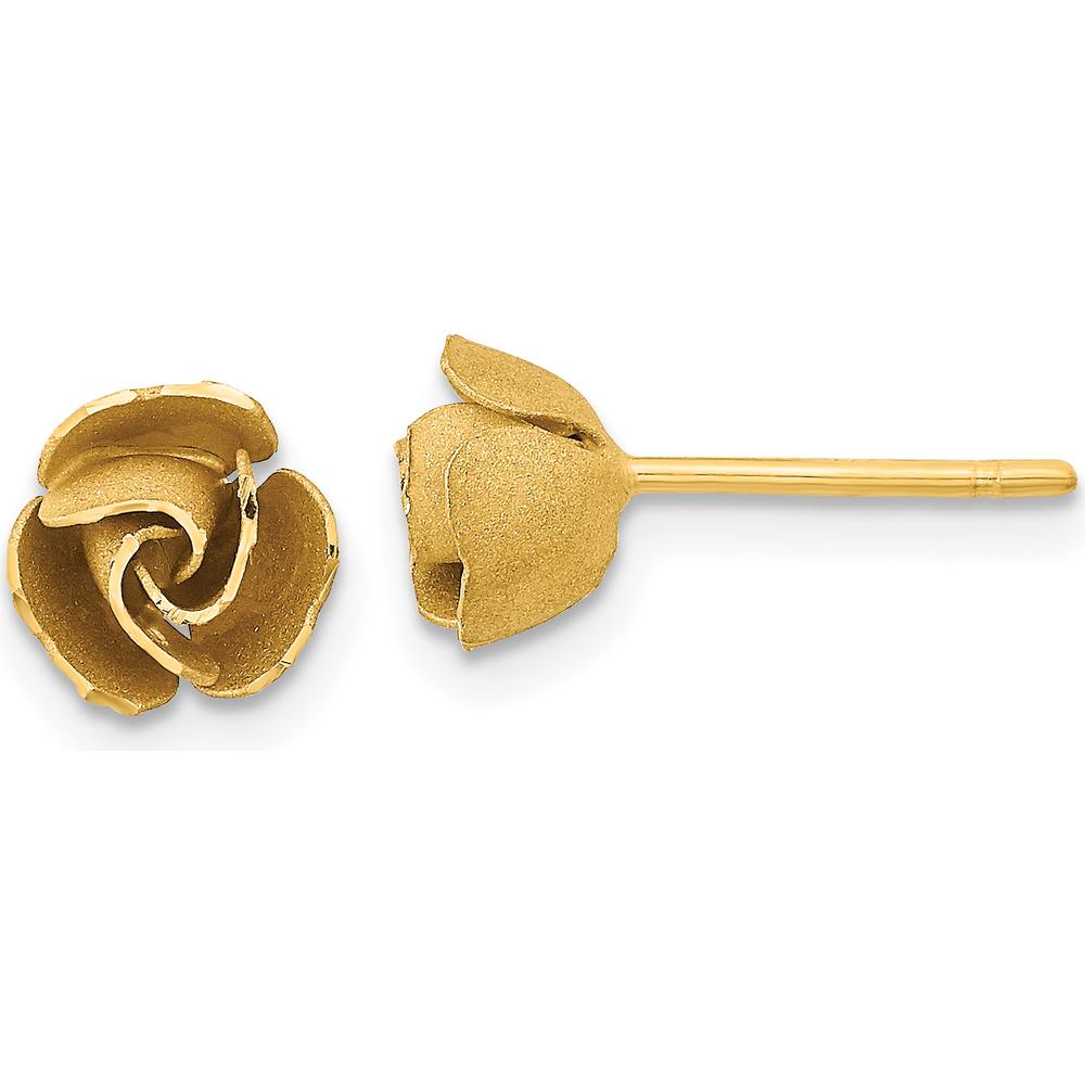 14K Yellow Gold Satin Finish Diamond-Cut Rose Button Earrings by 0