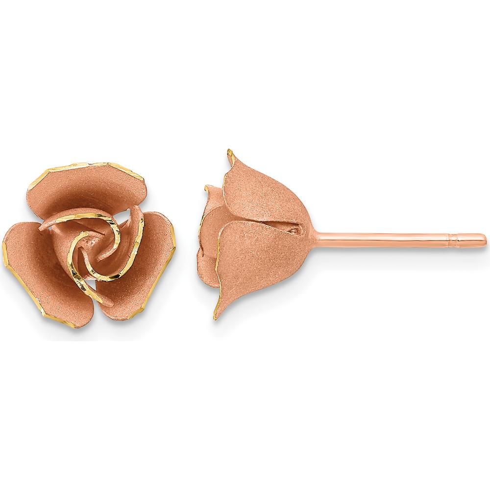 14K Yellow Gold Satin Finish Diamond-Cut Rose Earrings with Rhodium Plating by 0