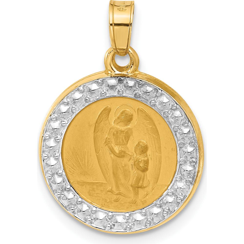 14K Yellow Gold Satin Finish Guardian Angel Medal Pendant with Rhodium Accents by Oro Pregiato