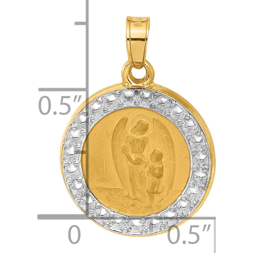 14K Yellow Gold Satin Finish Guardian Angel Medal Pendant with Rhodium Accents by Oro Pregiato