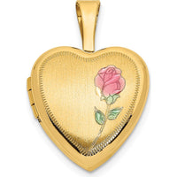 14K Yellow Gold Satin Finish Heart Locket with Pink and Green Enamel Rose - Engravable Pendant with Space for 2 Heart Shaped Photos by Monteluci Fine Jewelry