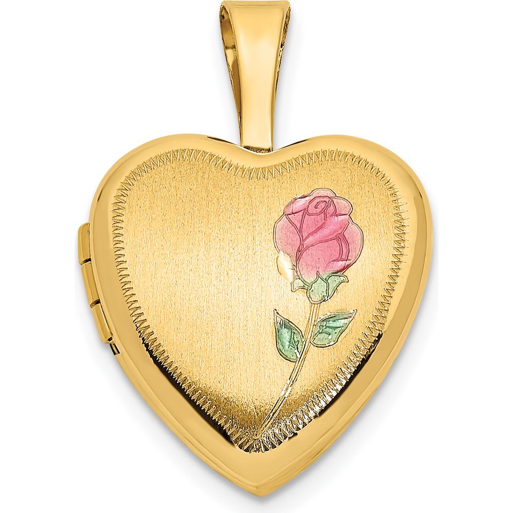 14K Yellow Gold Satin Finish Heart Locket with Pink and Green Enamel Rose - Engravable Pendant with Space for 2 Heart Shaped Photos by Monteluci Fine Jewelry