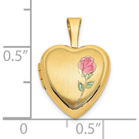14K Yellow Gold Satin Finish Heart Locket with Pink and Green Enamel Rose - Engravable Pendant with Space for 2 Heart Shaped Photos by Monteluci Fine Jewelry