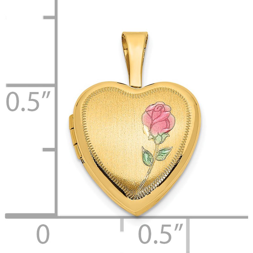 14K Yellow Gold Satin Finish Heart Locket with Pink and Green Enamel Rose - Engravable Pendant with Space for 2 Heart Shaped Photos by Monteluci Fine Jewelry
