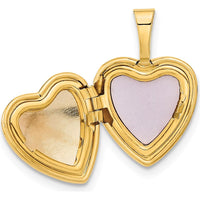 14K Yellow Gold Satin Finish Heart Locket with Pink and Green Enamel Rose - Engravable Pendant with Space for 2 Heart Shaped Photos by Monteluci Fine Jewelry