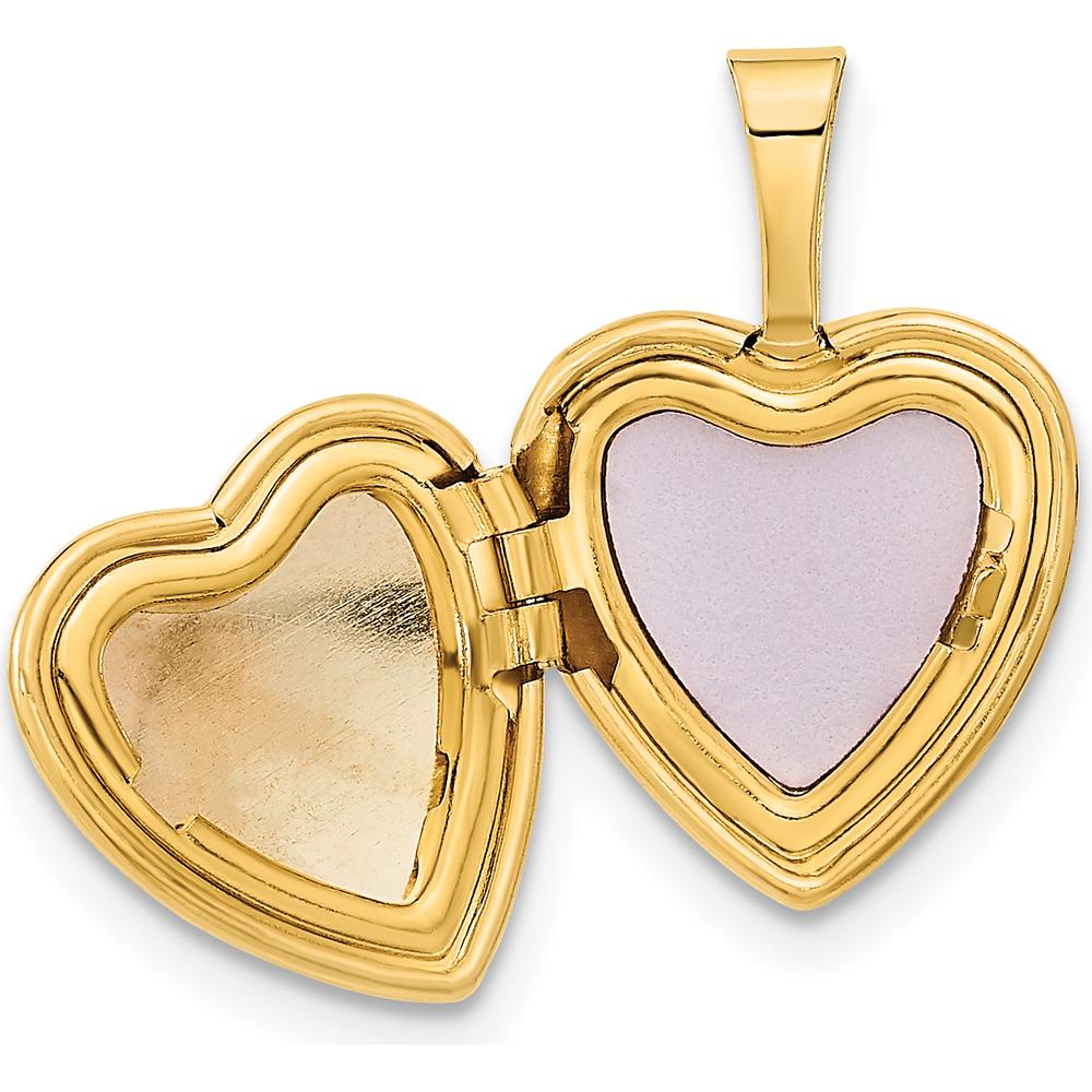14K Yellow Gold Satin Finish Heart Locket with Pink and Green Enamel Rose - Engravable Pendant with Space for 2 Heart Shaped Photos by Monteluci Fine Jewelry