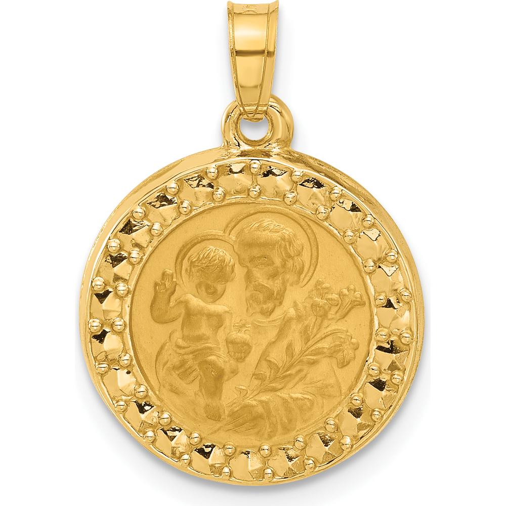 14K Yellow Gold Satin Finish Hollow St. Joseph Round Pendant - Spiritual Religious Charm by Oro Pregiato