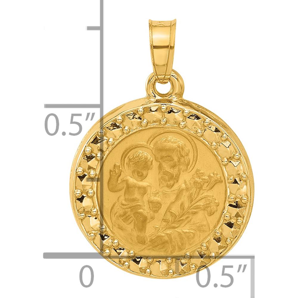 14K Yellow Gold Satin Finish Hollow St. Joseph Round Pendant - Spiritual Religious Charm by Oro Pregiato