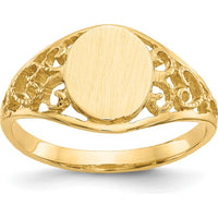 14K Yellow Gold Satin Finish Open-Back Filigree Signet Ring - Engravable, 7.5x8.5mm by Oro Pregiato