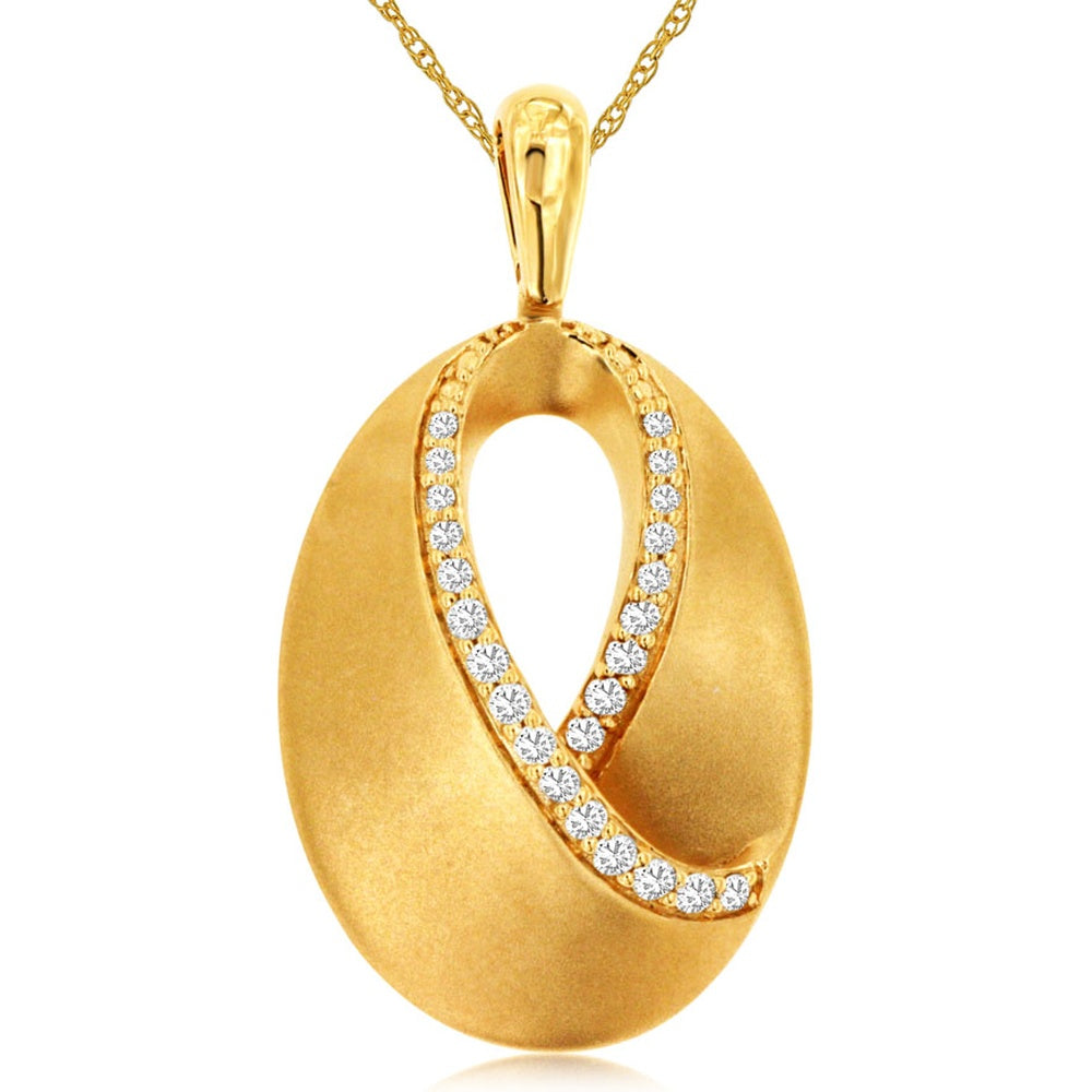 14K Yellow Gold Satin-Finish Oval Pendant with Crescent-Set Round Diamonds - 0.16 Carat Total Diamond Weight - Royal Jewelry