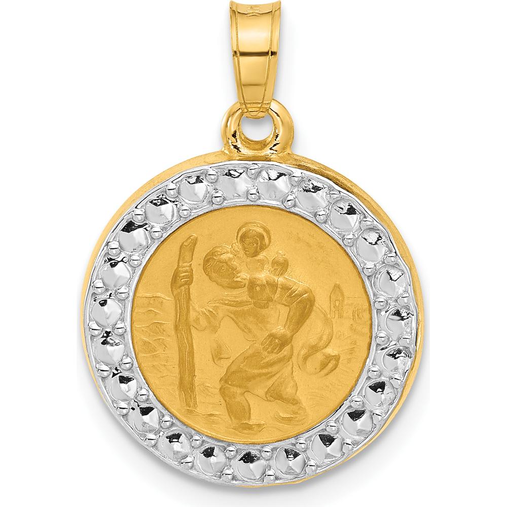 14K Yellow Gold Satin Finish St. Christopher Medal Pendant with White Rhodium Accents by Oro Pregiato