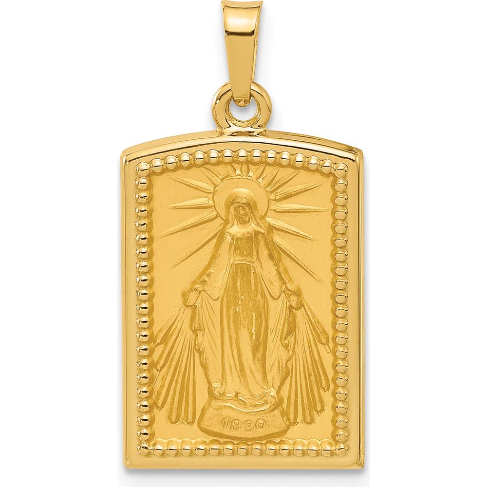 14K Yellow Gold Satin Finished Miraculous Medal Rectangular Pendant by Oro Pregiato