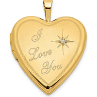 14K Yellow Gold Satin "I Love You" Heart Locket with Round Diamond - 0.01 Carat Total Diamond Weight by Monteluci Fine Jewelry