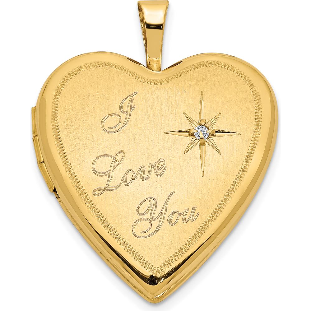 14K Yellow Gold Satin "I Love You" Heart Locket with Round Diamond - 0.01 Carat Total Diamond Weight by Monteluci Fine Jewelry
