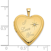 14K Yellow Gold Satin "I Love You" Heart Locket with Round Diamond - 0.01 Carat Total Diamond Weight by Monteluci Fine Jewelry