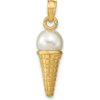 14K Yellow Gold Satin Polished 3D Ice Cream Cone Pendant - Playful Charm by Oro Pregiato