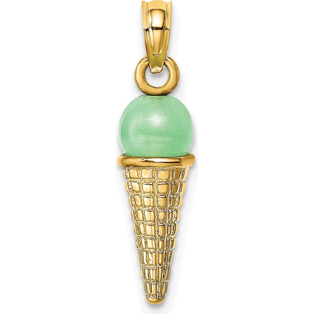 14K Yellow Gold Satin Polished 3D Ice Cream Cone Pendant with Mint Green Bead by Oro Pregiato