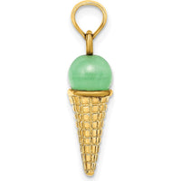 14K Yellow Gold Satin Polished 3D Ice Cream Cone Pendant with Mint Green Bead by Oro Pregiato