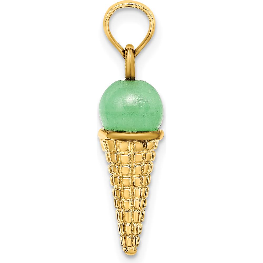 14K Yellow Gold Satin Polished 3D Ice Cream Cone Pendant with Mint Green Bead by Oro Pregiato
