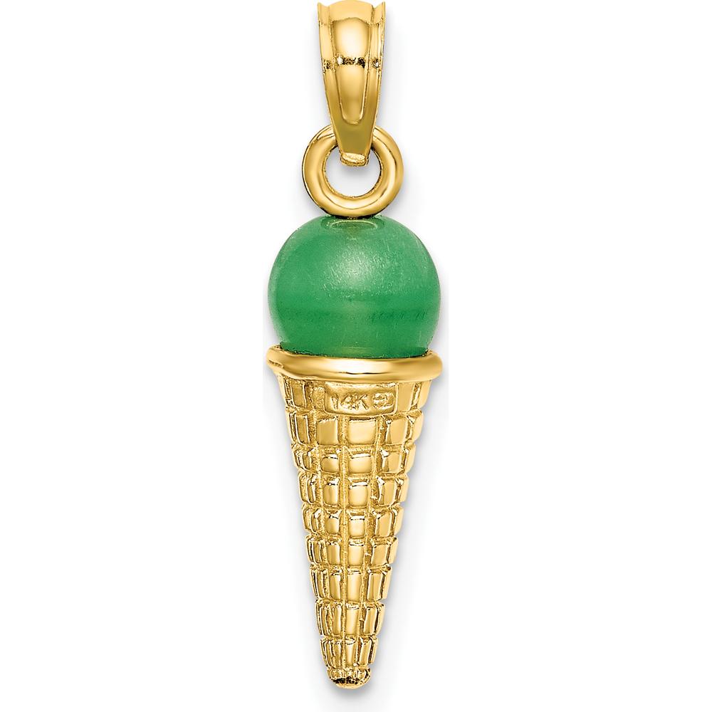 14K Yellow Gold Satin Polished 3D Ice Cream Cone Pendant with Mint Green Bead by Oro Pregiato