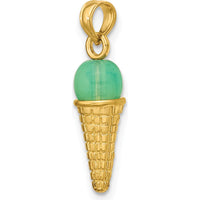 14K Yellow Gold Satin Polished 3D Ice Cream Cone Pendant with Mint Green Bead by Oro Pregiato