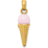 14K Yellow Gold Satin Polished 3D Pink Quartz Ice Cream Cone Charm by Oro Pregiato