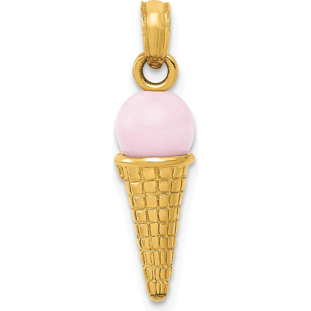 14K Yellow Gold Satin Polished 3D Pink Quartz Ice Cream Cone Charm by Oro Pregiato