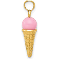 14K Yellow Gold Satin Polished 3D Pink Quartz Ice Cream Cone Charm by Oro Pregiato